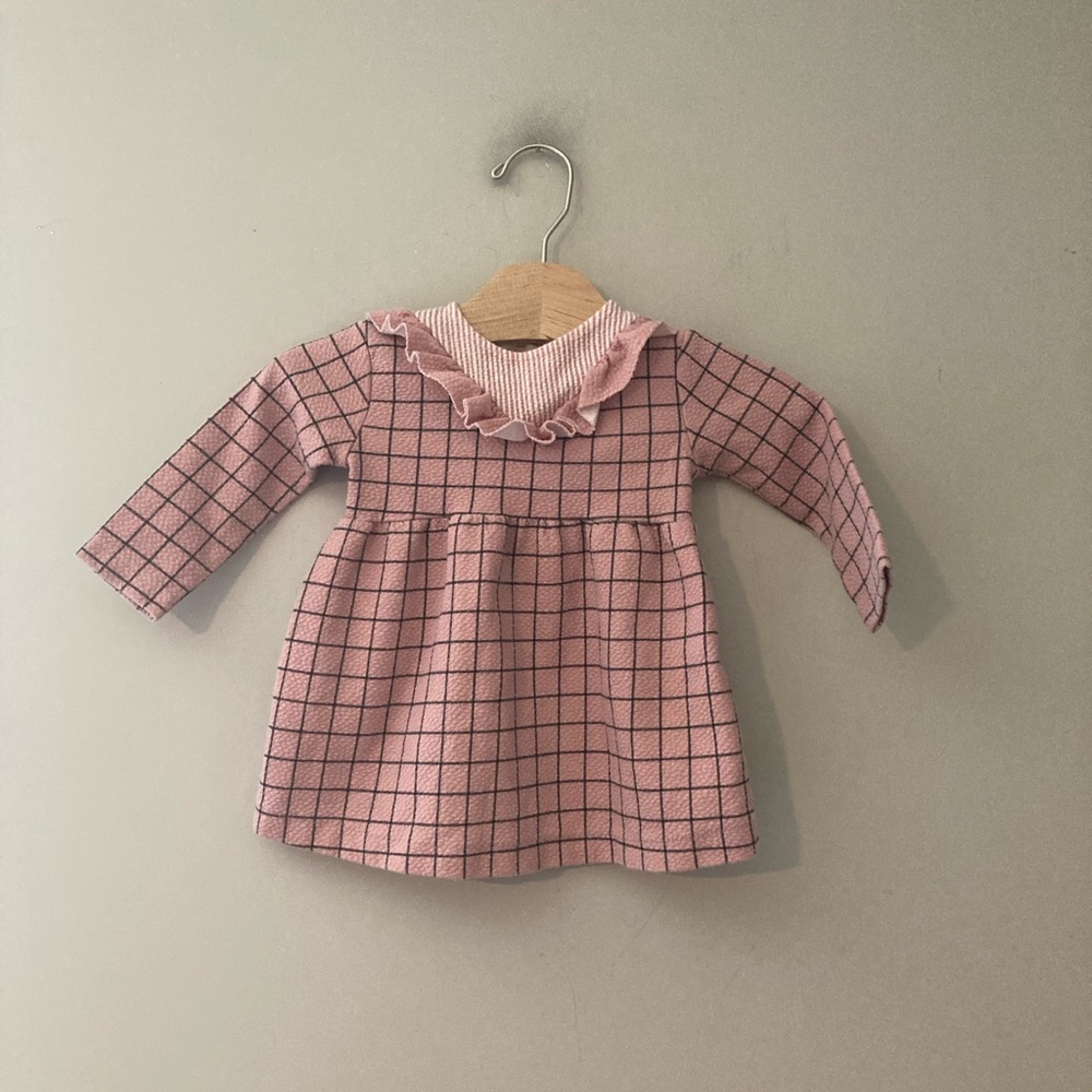 $18 ADD ON Zara Girls Baby Pink Windowpane Dress Ruffle Collar Vintage Jamie Kay